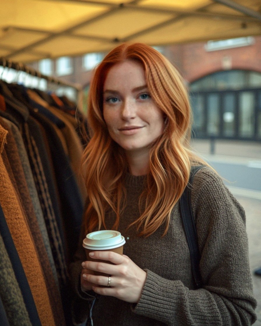Fia browsing a rail of coats at a vintage market