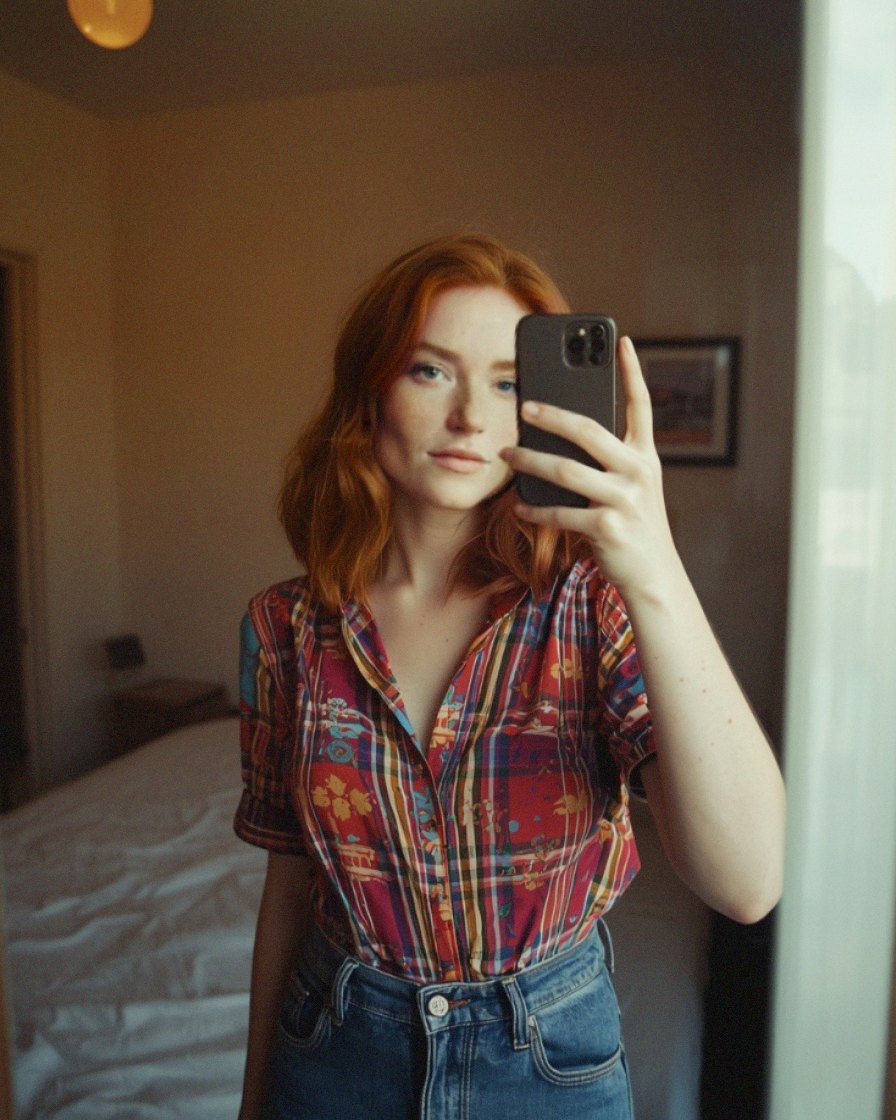 Patterned vintage blouse, mirror selfie