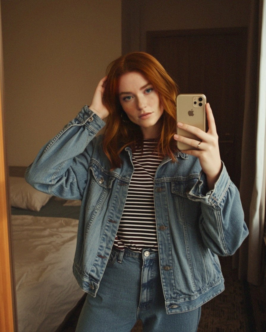 Denim jacket and striped top, mirror check